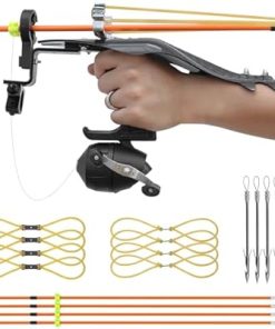 Archery Fishing Slingshot with Arrows Wrist Hunting Sling Shot Powerful Slingshots Fishing Kit with Reel 4 Fiberglass Fishing Arrows 4 Fishing Broadheads 8 Rubber Bands