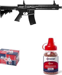 Crosman CFAR1B Full Auto R1 CO2-Powered BB Air Rifle, Black + Crosman 12-Gram CO2 Powerlet Cartridges – Air Rifles & Pistols + Crosman Copperhead 4.5mm Copper Coated BBs In EZ-Pour Bottle (1500-count)