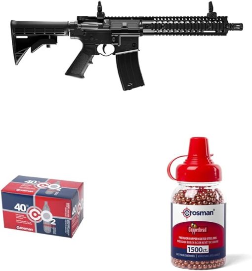 Crosman CFAR1B Full Auto R1 CO2-Powered BB Air Rifle, Black + Crosman 12-Gram CO2 Powerlet Cartridges - Air Rifles & Pistols + Crosman Copperhead 4.5mm Copper Coated BBs In EZ-Pour Bottle (1500-count)