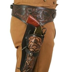 Full Grain Buff Leather Old Western Cowboy Gun Holster with Belt .45 Caliber Fast Draw Rig Hip Gun Belt Holster for Pistol Revolver Holder Fit for 4″ to 6.5″ Barrel