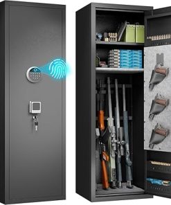 Biometric Gun Safe for Home, Large Capacity Rifle & Pistol Safe with 3 Pistol Pouches, Gun Safe Cabinet with Quick-Access Lock, Ammo Storage, No Assembly Required (57″H 14″W 12”D）