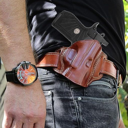 Leather Pancake OWB Belt Holster Open Top Fits FNH FN Reflex Micro Compact 9mm 3.3” Barrel, Right Hand Draw, Brown Color #1661# - Image 2