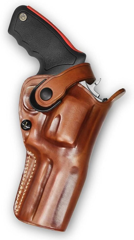Premium Leather Three Slots Belt Holster with Retention Strap Fits Taurus Raging Bull 44 Magnum 4" Barrel/Taurus Model 44 .44 Magnum 4" Barrel, RH Draw, Brown Color #1445#