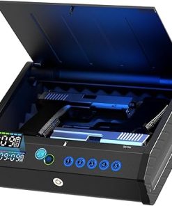 Javieruis Gun Safe Biometric Pistol Safe 3 Ways Quick Access with Fingerprint/Digital Keypad/Key 100 Groups of Fingerprint LCD Display Handgun Lock Box for Nightstand Car