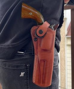 Premium Leather Paddle Holster OWB with Retention Strap Fits Pietta 1858, 44 Caliber Remington Sheriff 5.5” Octagon Barrel, Black Powder Revolver, Right Hand Draw, Brown Color #1579# 2