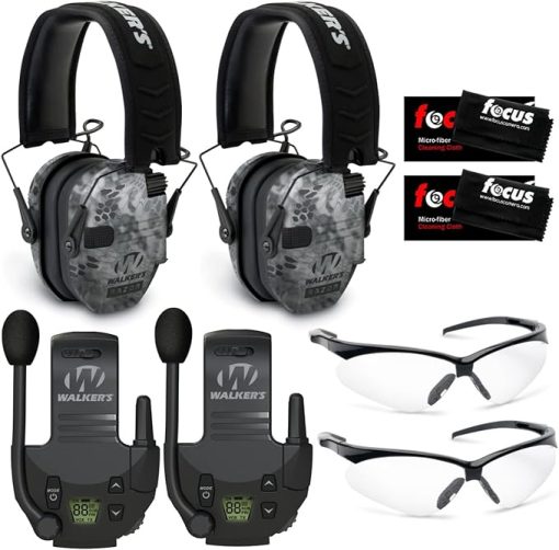 Walker's Razor Slim Electronic Muffs (Raid, 2-Pack) Bundle with Walkie Talkies (2-Pack), Glasses (2-Pack), and Cleaning Cloth (2-Pack) (8 Items)