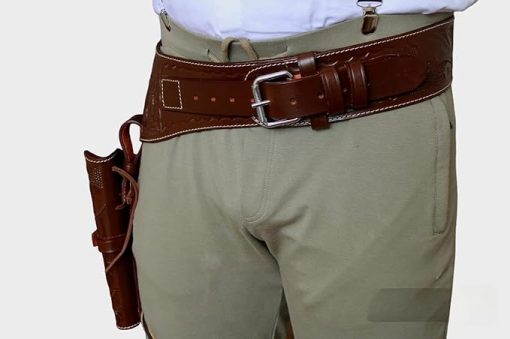 Leather Gun Holster with Belt for Revolver – Hand-Tooled Western Cowboy Holster for .22, .38/.357, .44/.45 Caliber – Fits 6-Inch Barrel – Adjustable Multiple Sizes - Image 2