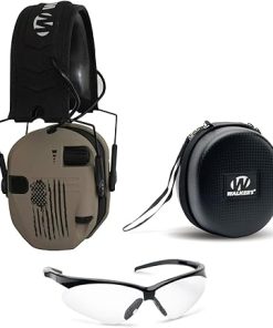 Walkers Razor Slim Electronic Muff (US Flag-FDE) Bundle with Case and Shooting Glasses (3 Items)