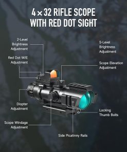 PINTY 4×32 Rifle Scope with Red Dot Sight Combo, Tactical Red Illuminated Prism Scope with 5 Brightness Levels 3 MOA Red Dot Sight for Picatinny Rails, Compact Shooting Hunting Gun Scope Sight Combo 2