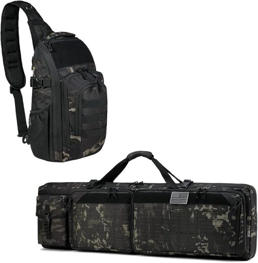 DBTAC Tactical Double Rifle Bag + Tactical Large Shoulder Bag with Sling (Black Camo)
