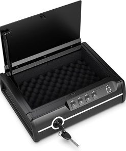Goplus Gun Safe for 2 Pistols, DOJ Approved Pistol Safe, Biometric Fingerprint Lock & Password & Backup Keys for Quick Access, Auto Open Lid Handgun Safe for Home & Personal