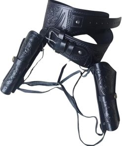 Double Western Leather Gun Holster with Belt – Handmade Full Grain Buff Leather – Black – Fits .22, .35/.357, .44/.45 Cal Revolvers – 4″ to 6.5″ Barrel