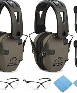 Walker’s Razor Tacti-Grip Shooting Hunting Range Slim Hearing Protection Muff with Rubber Headband (Flat Dark Earth) Bundle with Muff Walkie Talkie, Shooting Glasses and Cleaning Cloth (2-Pack)