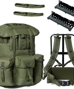 Military ALICE Pack Large Size with 2pcs Support Shelf – Tactical Rucksack with Expandable Straps, Aluminum Quick-Release Buckles, and Enhanced Waist Support – US Logo, Army Green