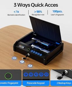 Javieruis Gun Safe Biometric Pistol Safe 3 Ways Quick Access with Fingerprint/Digital Keypad/Key 100 Groups of Fingerprint LCD Display Handgun Lock Box for Nightstand Car 2
