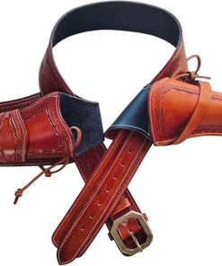 Western Gun Holster with Belt Full Grain Buff Leather Handcrafted Cowboy Gun Holster .22 Cal Cross & Fast Draw Double Holster Fits 4″ to 6″ Barrels (Brown)