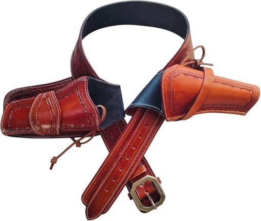 Western Gun Holster with Belt Full Grain Buff Leather Handcrafted Cowboy Gun Holster .22 Cal Cross & Fast Draw Double Holster Fits 4" to 6" Barrels (Brown)