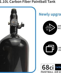 DOT 68ci Carbon Fiber Paintball Tank System,Black Carbon Fiber hpa Tank，Paintball pcp air Tank with 4500psi Input 800psi Output 5/8-18UNF Inlet and G1/2-14 Outlet Thread Paintball Regulator 2