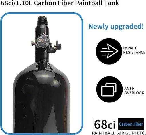 DOT 68ci Carbon Fiber Paintball Tank System,Black Carbon Fiber hpa Tank，Paintball pcp air Tank with 4500psi Input 800psi Output 5/8-18UNF Inlet and G1/2-14 Outlet Thread Paintball Regulator - Image 2
