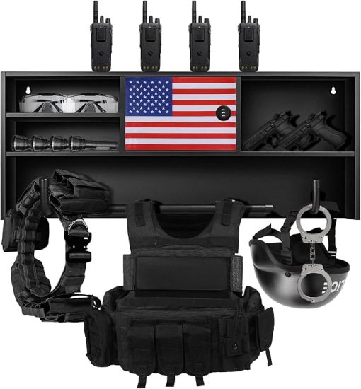 Police Gear Rack Wall-Mounted with Lock Safe,Heavy Duty Metal Tactical Gear Rack Includes 2 Patriotic Flags,Ideal for Law Enforcement Equipment Storage