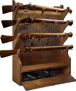 Four Gun Wooden Gun Display Rack with Cabinet Storage Compartment for Gun Accessories Gun Rack for Wall Gun Wall Mount Wall Gun Racks for Rifle Home Gun Racks with Soft Pad Deer Pattern