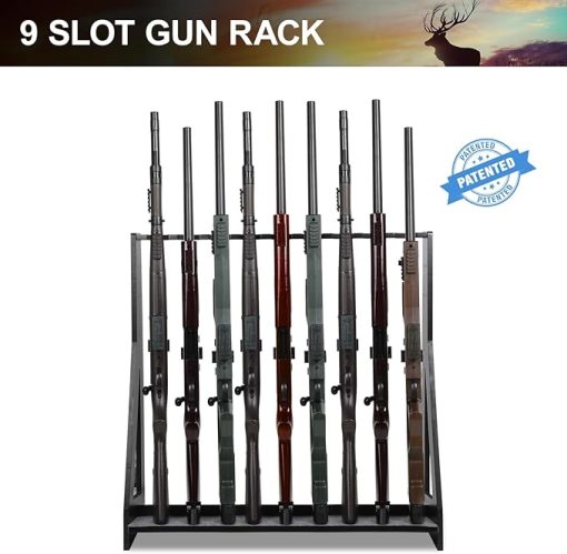 Indoor Gun Rack, Freestanding Rifle Gun Rack, Wooden Adjustable Rifle Stand Holds 9 Long Guns, Gun Display Stand with Anti-scratch Padding, Rifle Storage Holder for Home, Garage, Black - Image 2