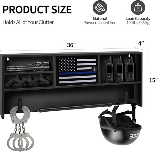 Police Gear Rack Wall-Mounted with Lock Safe,Heavy Duty Metal Tactical Gear Rack Includes 2 Patriotic Flags,Ideal for Law Enforcement Equipment Storage - Image 2