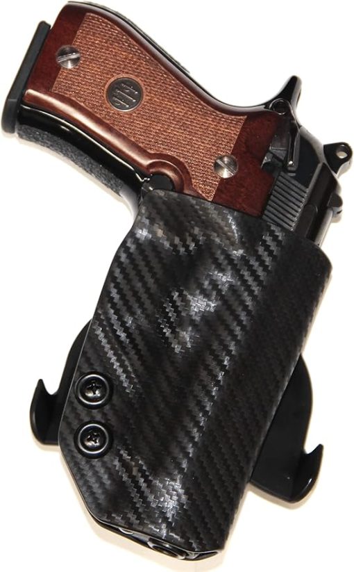 REVKEL Custom Kydex Molded OWB Paddle Holster for Beretta 84/81/B/BB (Round Trigger Guard). Black Right Hand Draw. Hand Crafted in Texas, USA.