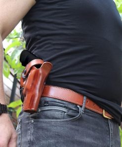 Premium Leather Three Slots Belt Holster with Retention Strap Fits Taurus Raging Bull 44 Magnum 4″ Barrel/Taurus Model 44 .44 Magnum 4″ Barrel, RH Draw, Brown Color #1445# 2