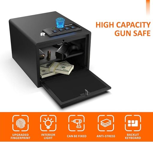 Gun Safes for Pistols,Quick-Access Handgun Safe,Safety Device with Biometric&Digital Key Pad&Key,High Capacity Pistol Safe for Nightstand&Car&Home&Office (Black-with Backup Power Cable) - Image 2