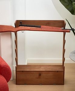Walnut Color Gun Display Rack Pine Wood Firearm Display Rack Indoor Gun Cabinet Gun Shelf Rifle Display Case with Storage Compartment for Gun Accessories 2