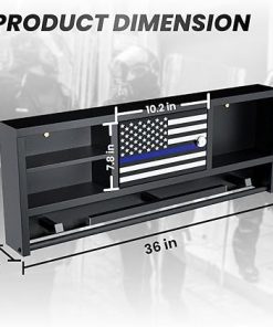 Police Gear Rack for Gun Storage, Tactical Police Hanger with Hooks, Police Gear Stand Wall-Mounted with Password Lock Safe & Decorative Flags, Black 2