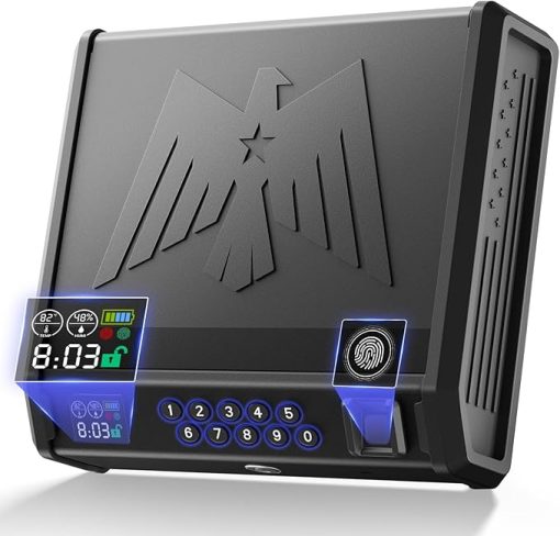 MOJOHAND Gun Safe for Pistols with LCD Display of Temperature Humidity, Fingerprint Quick-Access, Firearm Safety Device with Keys, Smart Handgun Safe for Nightstand, Car, 2 Gun Capacity
