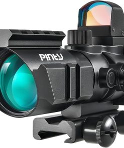 PINTY 4×32 Rifle Scope with Red Dot Sight Combo, Tactical Red Illuminated Prism Scope with 5 Brightness Levels 3 MOA Red Dot Sight for Picatinny Rails, Compact Shooting Hunting Gun Scope Sight Combo