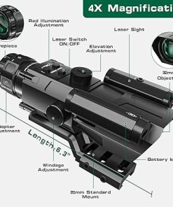 4X32 Tactical Rifle Scope with Red Laser Sight Red Illuminated Reticle Prism Optics Scope with 7 Brightness Levels Upgraded Buttons and Glass Etched Reticle Hunting Scopes for 20 mm Rail Mount 2