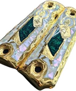 Cachas Colt 1911 Grips Gun St Jude San Judas Model with 24k Gold Plated, Green Resin and Mother of Pearl Shell Includes Screws 2