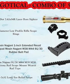 Mosin Nagant 2-7×32 Long Eye Relief Scope + Scout Rail Mount for Mosin Nagant 91/30 M38 M44 1891 91/30 1891/30 Rifles +1 Inch Ring + 7.62 x 54R Caliber Cartridge Laser Bore Sighter 2