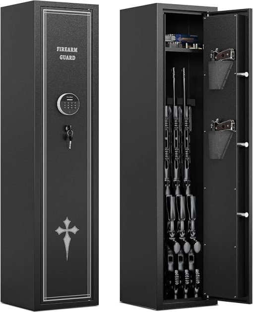 2-3 Gun Safe, Rifle & Pistol Safe, Multi-Function Gun Cabinet, Sturdy Anti-Theft Gun Safe with Rack & Pistol Pockets, Electronic Combination Lock, Black, Cold Rolled Steel