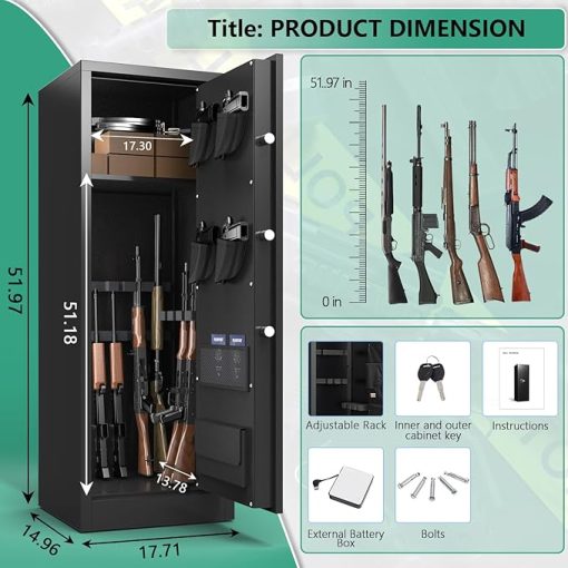 8-10 Gun Safes, Gun Safe for Rifles and Pistols, Fireproof Gun Safe for Rifles with Digital Keypad, Quick Access Rifle Safe with Adjustable Gun Rack and Pistol Pouch, Gun Cabinet for Home - Image 2