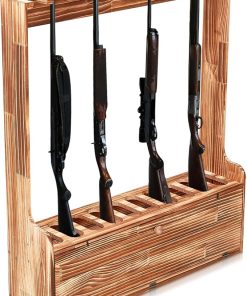 Soaoo Gun Rack, Ten Gun Wooden Standing Floor Gun Display Rack, Gun Display Rack with Storage Compartment for Home or Garage Safe Hunting Gun Storage