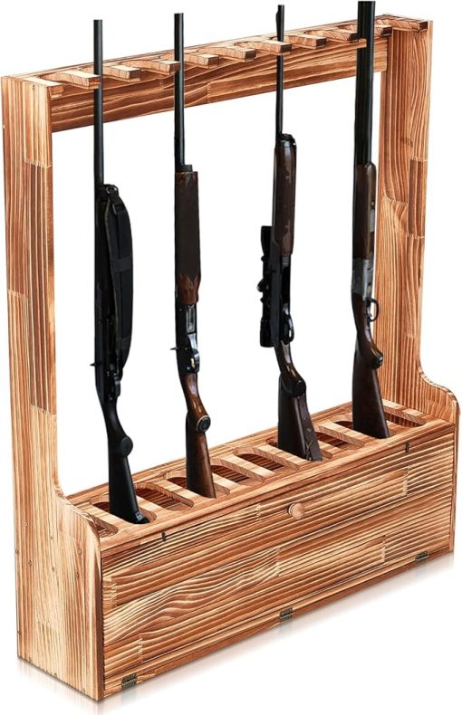 Soaoo Gun Rack, Ten Gun Wooden Standing Floor Gun Display Rack, Gun Display Rack with Storage Compartment for Home or Garage Safe Hunting Gun Storage