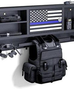 Police Gear Rack for Gun Storage, Tactical Police Hanger with Hooks, Police Gear Stand Wall-Mounted with Password Lock Safe & Decorative Flags, Black