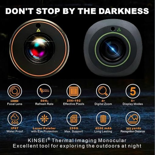 KINSEI Thermal Imaging Monocular, Thermal Monocular Night Vision Telescope, 10mm Focal Lens 256x192(50HZ) Effective Pixels Heat Vision Goggles Optic Spotting Scope Camera for Night Hunting-Grey - Image 2