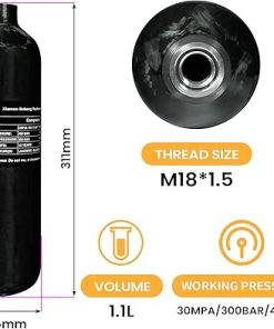 TUXING 4500Psi Carbon Fiber Air Tank 1.1L 67Cu in 1100cc Pcp HPA Bottle,Gas Cylinder,Paintball Hunting for PCP Air Rifle Gun Daystate and FX Thread M18 * 1.5 (1.1L Black Carbon Fiber Tank) 2