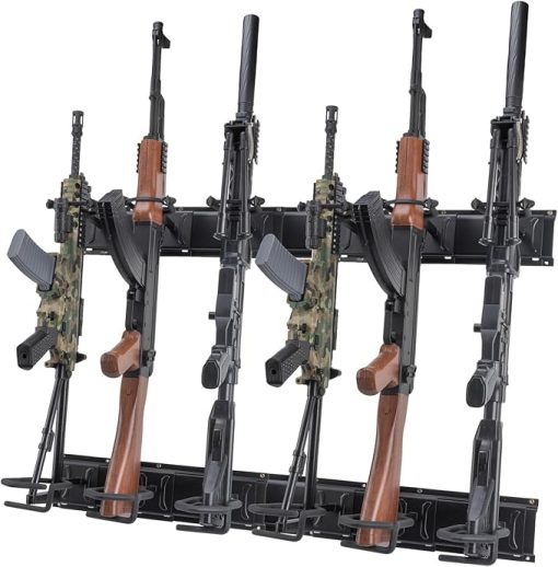 Gun Rack Wall Mount, Indoor Metal Gun Rack, Adjustable Rifle Storage Holder with Soft Padding, Vertical Gun Display, for 6 Slot