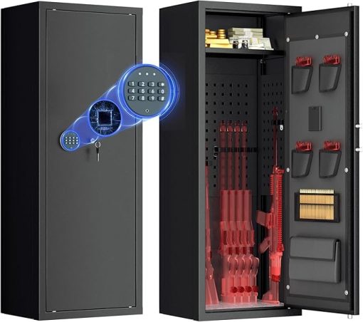 Greenvelly 10-14 Gun Safe for Rifles and Pistols,Quick Release Safe with Adjustable Shelves and Pockets,Locking Gun Cabinet with Rifle Rack for Home and Shotgun (Black)