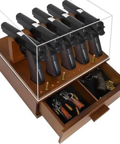 Handgun Pistol Rack Holder Wooden Display Box for Safe 5-slot for Handgun 11 Holes for Bullet Gun Cabinet Organizer Stand with Drawer Acrylic Cover Anti-Dust Gun organizer
