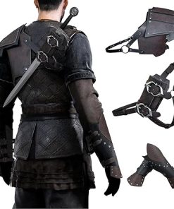 HiiFeuer Viking Single Pauldron with Back Sword Frog and Elf Arm Guards, Medieval Knight Fantasy Cosplay Faux Leather Costume