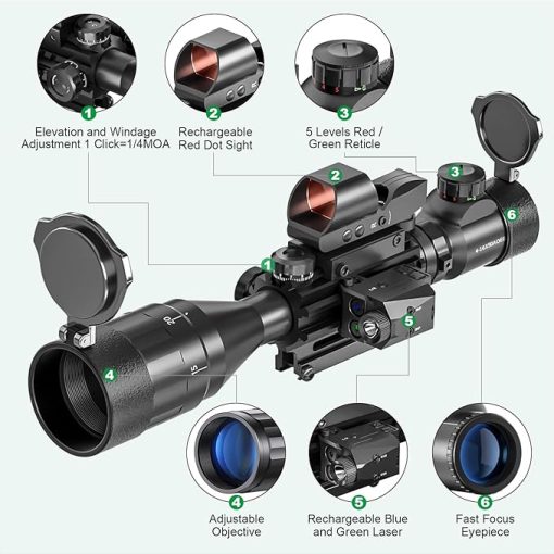 4-16x50 AO Rifle Scope Combo Red/Green Dual Illuminated Optics with Tail Switch Green Laser Sight Reflex 4 Holographic Reticle Red/Green Dot Sight for Rail Mount 5 Modes Flashlight - Image 2