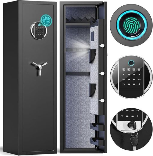 Gun Safe, 3-5 Gun Biometric Fingerprint Rifle Safe, Gun Safes for Home Rifle and Pistols with LCD Screen Keypad and Silent Mode, Rifle Gun Safe